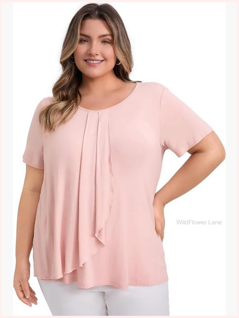 Plus Size Short Sleeve Pleated Tulip Asymmetry Hem Blouse Top
